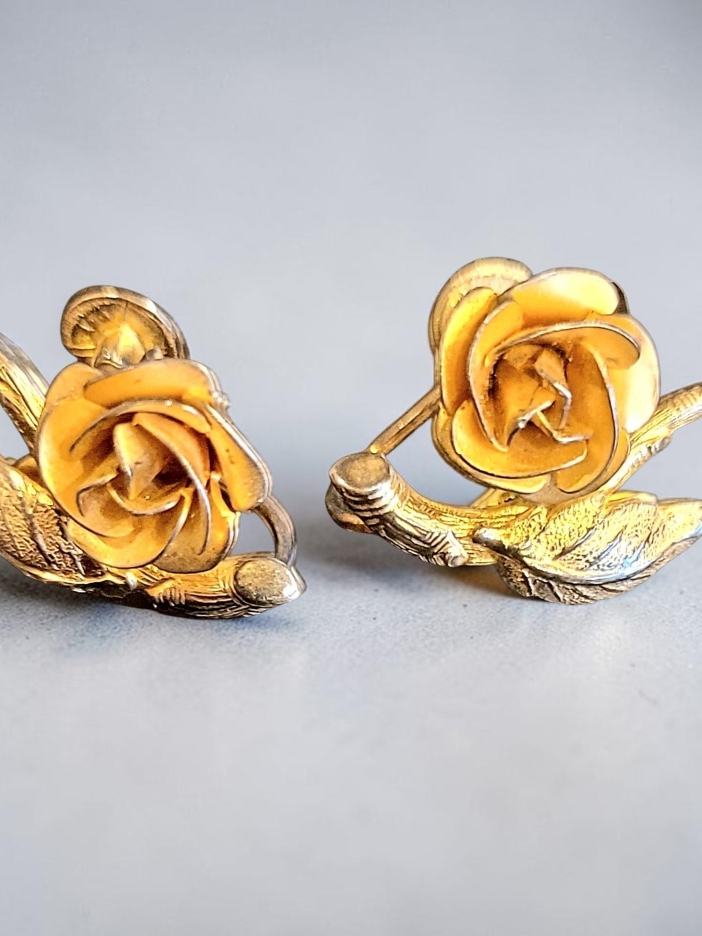 Gold-Tone Rose, Vintage Screw Back Earrings - Signed Sterling